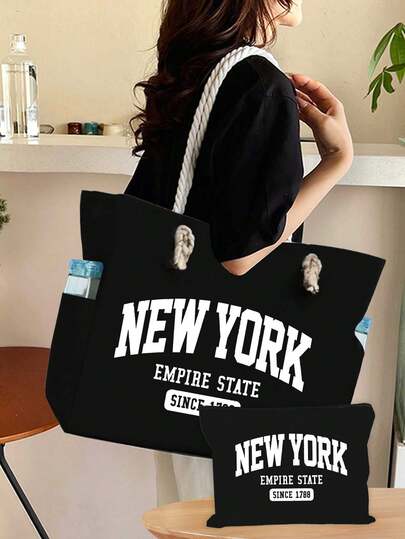 纽约手提包套装 - 大容量单肩包和配套小袋，耐用可重复使用购物袋，适合日常使用、教堂活动、旅行和工作，可用作旅行手提包、度假收纳包、大容量单肩包，也适合海滩、野餐、露营、旅行、健身、泳池、沙滩包、女士周末旅行包、可重复使用购物袋或商务旅行。