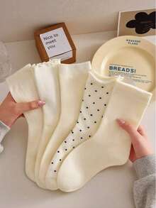 4 Pares de Meias Cano Médio Femininas, Bolinhas Fofas e Babados, Meias Confortáveis para Uso Casual Diário e Passeios, Todas as Estações