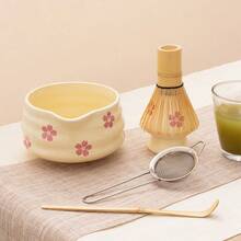 1pc/2pcs/5pcs Japanese Style Ceramic Matcha Tea Set, Includes Matcha Bowl With Spout, Stainless Steel Matcha Sifter, Natural Bamboo Whisk, Matcha Whisk Holder, And Bamboo Matcha Scoop, Ideal Gift For Matcha Lovers