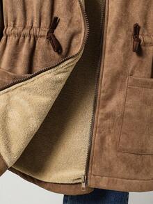 Tween Girl Casual Jacket, Thermal Lined Thick Waist Cinched Dropped Shoulder Long Sleeve Soft Fluffy Coat, Suitable For Winter Outings - Brown - View 6