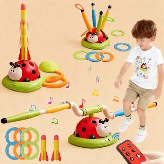 3-i-1 nyckelpiga-sportspelmaskin (leksaksraketkastare, musikaliskt hopp och ringkastningsspel), lämplig för barn i åldrarna 3, 4, 5, 6, 7, 8 och uppåt, utomhusleksak, perfekt Halloween-, påsk- och födelsedagspresent för små pojkar och flickor