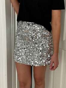 Unadoll Women's Spring And Summer Silver Sequin Wrapped Hip Skirt Versatile Short Skirt, Suitable For Cocktail Parties, Guest Activities, Christmas