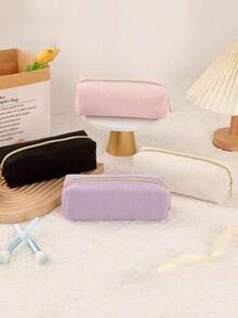 1pc Corduroy Zipper Pencil Case, Striped Design Pen Bag, Daily Small Items And Student Stationery Storage, Women's Cosmetic Pouch, Pen Organizer Bag, Back To School Essential Gift, School Supplies (Black)