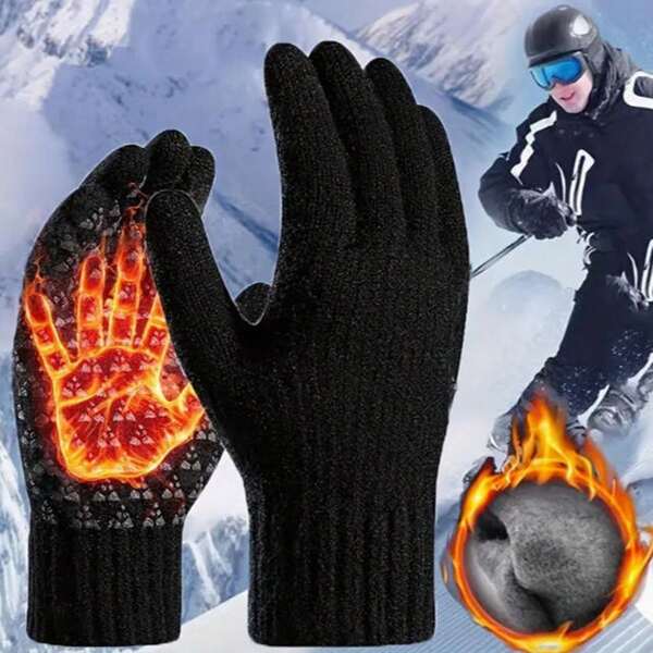 1 Pair Of Women's Outdoor Gloves, Thickened Woolen Gloves For Women, Black Fleece Cold-Proof And Warm Outdoor Gloves For Women, Winter Cold-Proof And Warm Cycling Fleece Thickened Anti-Slip Woolen Knitted Gloves, Women's Extremely Cold -30°C Winter Gloves
