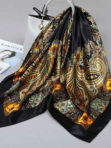 1pc Minimalist Printed Satin Square Scarf, New Spring Fashion Headscarf Women, Can Be Used As Waistband, Bag Decoration, Ribbon, Headband Or Scarf, Choice To Enhance Your Overall Look - 黑色 - 查看 5