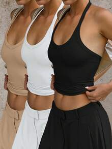 3pcs/Set Women's Casual Sexy Versatile Ribbed Spaghetti Strap Camisole Set, Spring/Summer
