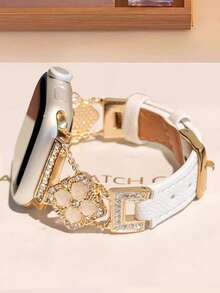 1条兼容苹果手表的表带，新款高级女士闪亮金色星星水钻镶嵌金属白色皮革表带，兼容苹果手表38/40/41/42/44/45/46/49毫米，兼容苹果手表Ultra/SE/11/10/9/8/7/6/5/4/3/2/1，时尚智能手表配件，金色表带