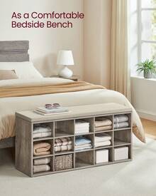 VASAGLE Banco con cojín para zapatos, banco de almacenamiento con asiento acolchado, banco de entrada con 15 compartimentos, para dormitorio, 30 x 105 x 48 cm - Gris jaspeado y beige capuchino - Ver 3