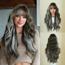 7JHH WIGS Long Wave Brown & Gray Highlight Wigs For Women - Loose Fluffy Wavy Curly Wig With Bangs, Full Machine High Density Synthetic Heat Resistant Fiber Hair Wigs For Daily Wear,Halloween Cosplay & Music Festival Party Use 26 Inch - 挑染灰色 - 查看 11