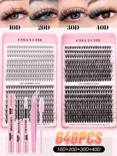 CMAYOME 640 D-Roll 单根睫毛，浓密蓬松睫毛簇 10D 20D 30D 40D（8-16 毫米）大容量睫毛簿，含粘合剂和密封剂、镊子、牙刷套装（适合初学者），大容量睫毛束