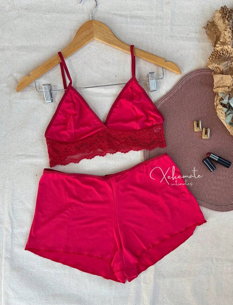 Lace Baby Doll Set Without Pads Sleeping Shorts Garter Belt Women's Lingerie Intimate Fashion - 紅色 - 查看 1