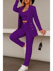 Conjunto elegante de blazer y pantalón de manga larga con cuello chal y doble botonadura para mujer, tejido elástico medio. - Morado - Ver 3