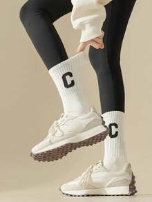 1/2/3/4/5/6 双装 女士米色字母图案加厚舒适中筒袜 - 米色 - 查看 6