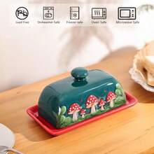 Fungi Fun Mantequilla de hongos con tapa para encimera de cerámica recipiente de mantequilla de hongos verde oscuro y rojo bandeja de mantequilla grande cubierta - Verdeoscuroconsetaroja - Ver 2