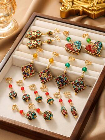 1 对复古尼泊尔手工金属粘土珠吊坠夹式耳环，简约几何耳环，适合无耳洞女士