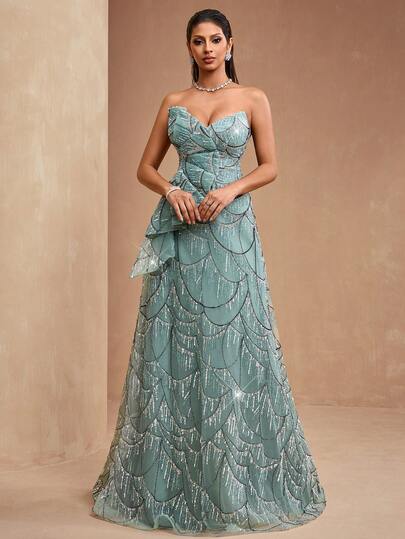 AMILUCK New Luxury High-End Sequin & Sequins Lace Waist 3D Folding Fan Decor Maxi A-Line Dress, Elegant Formal Evening Party Gown For Wedding Guest, Bridal