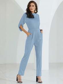 KOH KOH Women's Split Sleeve Boat Neck Dressy Elastic Waist Pull On Jumpsuit With Pockets One Piece Overalls Soft Stretch Stretchy Jersey Knit Comfortable Comfy Casual Full Length Long Straight Leg Tapered Leg Modest Pantsuit Elegant Romper Simple Solid Classy Slimming Flattering Dolman Batwing Kimono Sleeve Overlay Loose Fit Top High Waist Bridesmaid Wedding Guest Mother Of The Bride Or Groom Prom Evening Cocktail Party Semi Formal Or Formal Black Tie Gala Engagement Anniversary Graduation Homecoming Church Choir Sunday Baptism Funeral Baby Shower Bridal Shower Office Workwear Business Meeting Dinner Date Night Holiday Vacation Travel Cruise Garden Party Spring Summer Fall Autumn Petite And Plus Size Tall Curve Curvy Cute Photoshoot Outfit For Girls And Women - Sky Light Blue - 查看 1