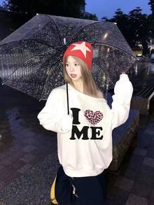 Heart & Letter Print Asymmetric Neck Sweatshirt For Women, Casual Street Style Loose Fit White Oblique Shoulder Top, Autumn/Winter - White - View 1