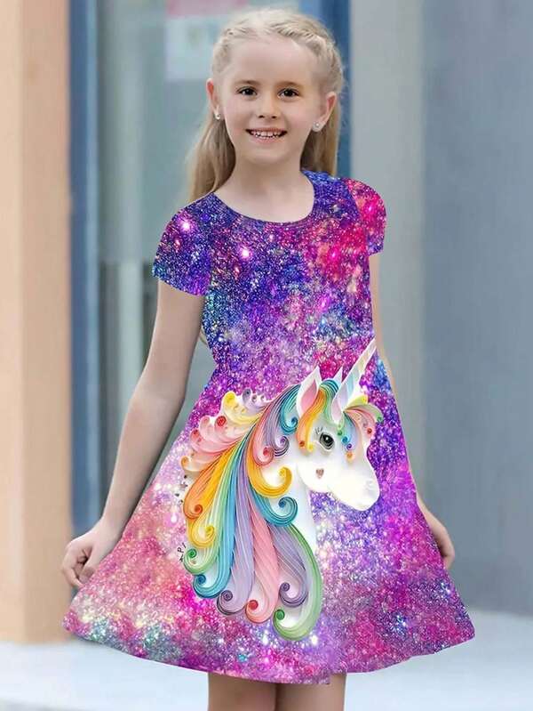 Girls' Galaxy Unicorn Digital Print Round Neck Short Sleeve Party Casual Dress