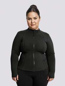 Women's Plus Size Sports Jacket, Solid Color Front Zipper Sports Jacket, Long Sleeve Casual Lightweight Jacket, Women's Casual Sports Lightweight Cardigan Jacket, Autumn/Winter - Black - View 3