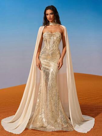 Vestido de noche de lentejuelas doradas de sirena AOSHABABI, cuello alto + capa de gasa fluida, diseño de costura con boning en la cintura, con lazo, adecuado para galas de alta gama, ceremonias de premios, bodas, fiestas, eventos formales, vestido de noche de lujo de verano para damas