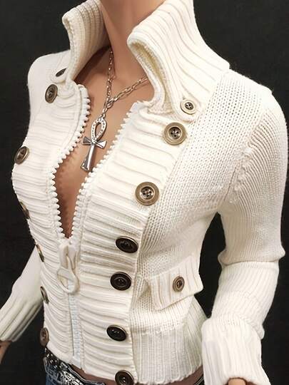Women's High Collar Sweater Cardigan With Large Zipper And Multiple Buttons, Stylish Design
