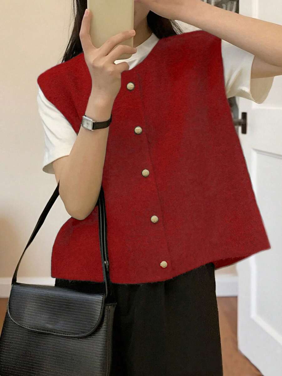 Alicedudu 女式休闲复古简约圆领纯色毛衣背心，秋冬 - 紅色 - 查看 1