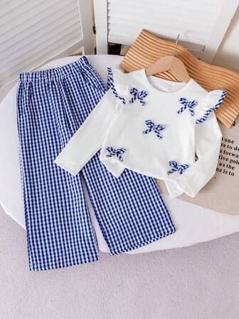 Conjunto de pantalones de pierna ancha a cuadros azules y blancos para niñas, blusa blanca decorada con un lazo a cuadros azules juguetón, el puño con volantes agrega dulzura, adecuado para uso diario, jardín de infantes, vacaciones, primavera/otoño/invierno