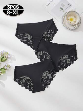 3pcs Comfortable Breathable Soft Sheer Lace Patchwork Women's Briefs