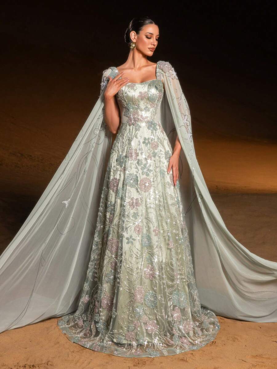GIFORU Luxury Mint Floral Applique Gown , Square Neck Cascading Sleeves With 3D Blossoms & Cathedral Train For Garden Soirees, Opera Nights And Red Carpet Galas Wedding Prom Dress Wedding Dresses For Bride Formal Dresses For Women - 草綠色 - 查看 1