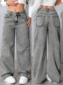 女士水洗灰色长款直筒休闲牛仔裤，无弹力，时尚口袋细节和抽绳设计，适合万圣节、圣诞节、新年、感恩节等场合。 - 灰色 - 查看 5