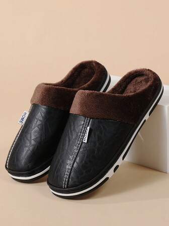 男女通用冬季拖鞋，人造皮革，温暖毛绒，记忆泡沫，卧室鞋，经典温暖柔软男士拖鞋，黑色（建议订购大一码）