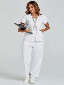 Plus Size Women's White Zipper Lab Coat Nurse Scrub Uniform Scrubs Suit, Includes Top And Pants With Pockets, Suitable For Beauty Salon, Dental Clinic, Veterinary Hospital