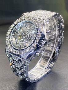 Ceas de lux pentru bărbați cu cuarț, cadran gol, cu strasuri, design unic la scară, indicator luminos, model pentru petreceri și...