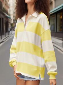 Y2k Women Striped Rugby Polo Shirt Long Sleeve Collared Oversized Vneck Sweatshirt Vintage Jersey Girls Streetwear - 淡黃色 - 查看 2