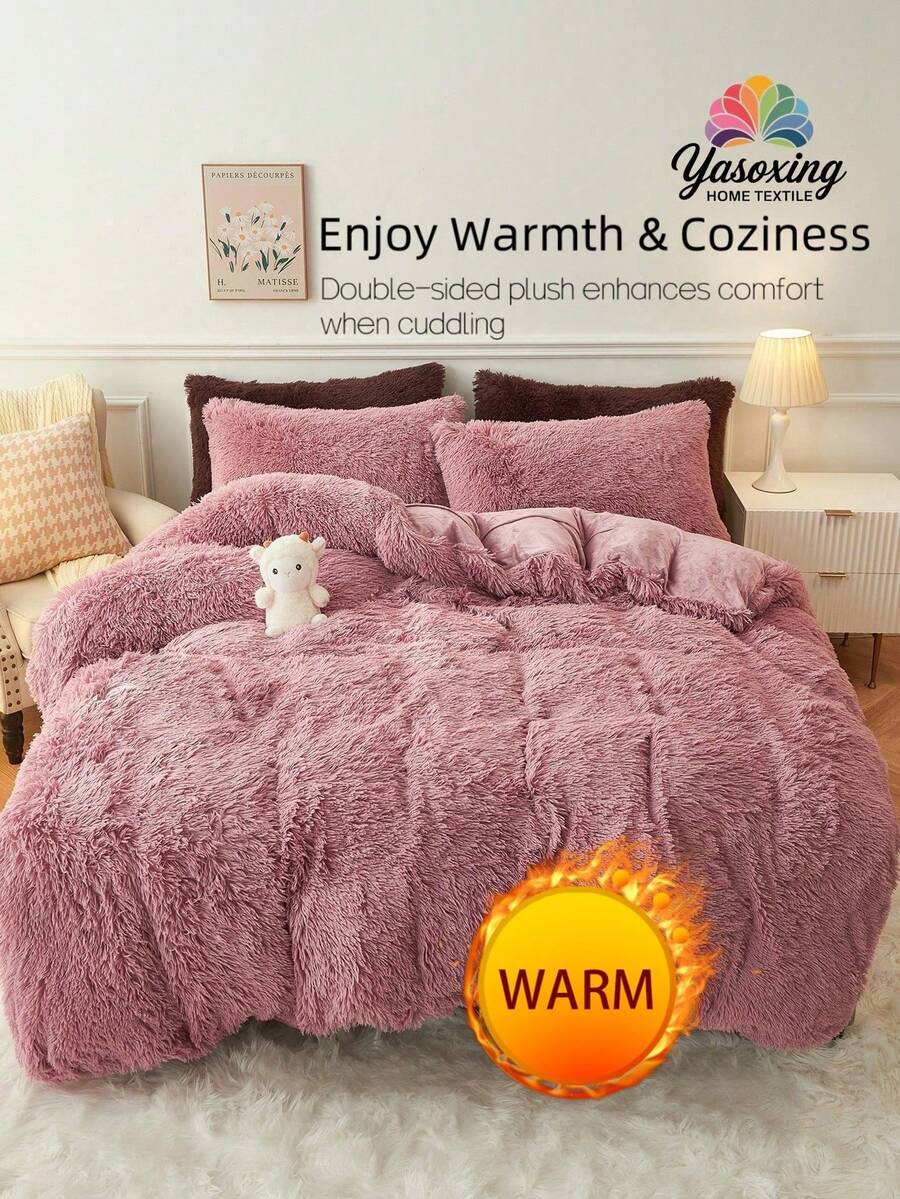 2/3 件浅紫色纯色床上用品毛绒蓬松羽绒被套套装温暖蓬松人造毛皮羽绒被套带枕套（1 件人造毛皮羽绒被套 + 2 件枕套）床上用品套装适用于卧室客房特大号双人床尺寸水晶天鹅绒波西米亚风床上用品，配有 1 个羽绒被套和 1/2 个枕套，适合别致的家居