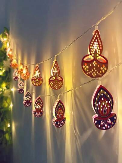 一套 - 蜡烛串灯，LED 空心金属油灯，电池供电，适用于排灯节庆祝活动、婚礼装饰、家居装饰、卧室装饰、派对装饰、节日装饰