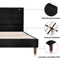 Upholstered Bed, Double Bed With Slatted Frame, 140x200cm Upholstered Bed Frame With Headboard, In Black Linen, For Adults And Teenagers (Mattress Not Included) - Black+Solid Wood+140cm*200cm - View 3