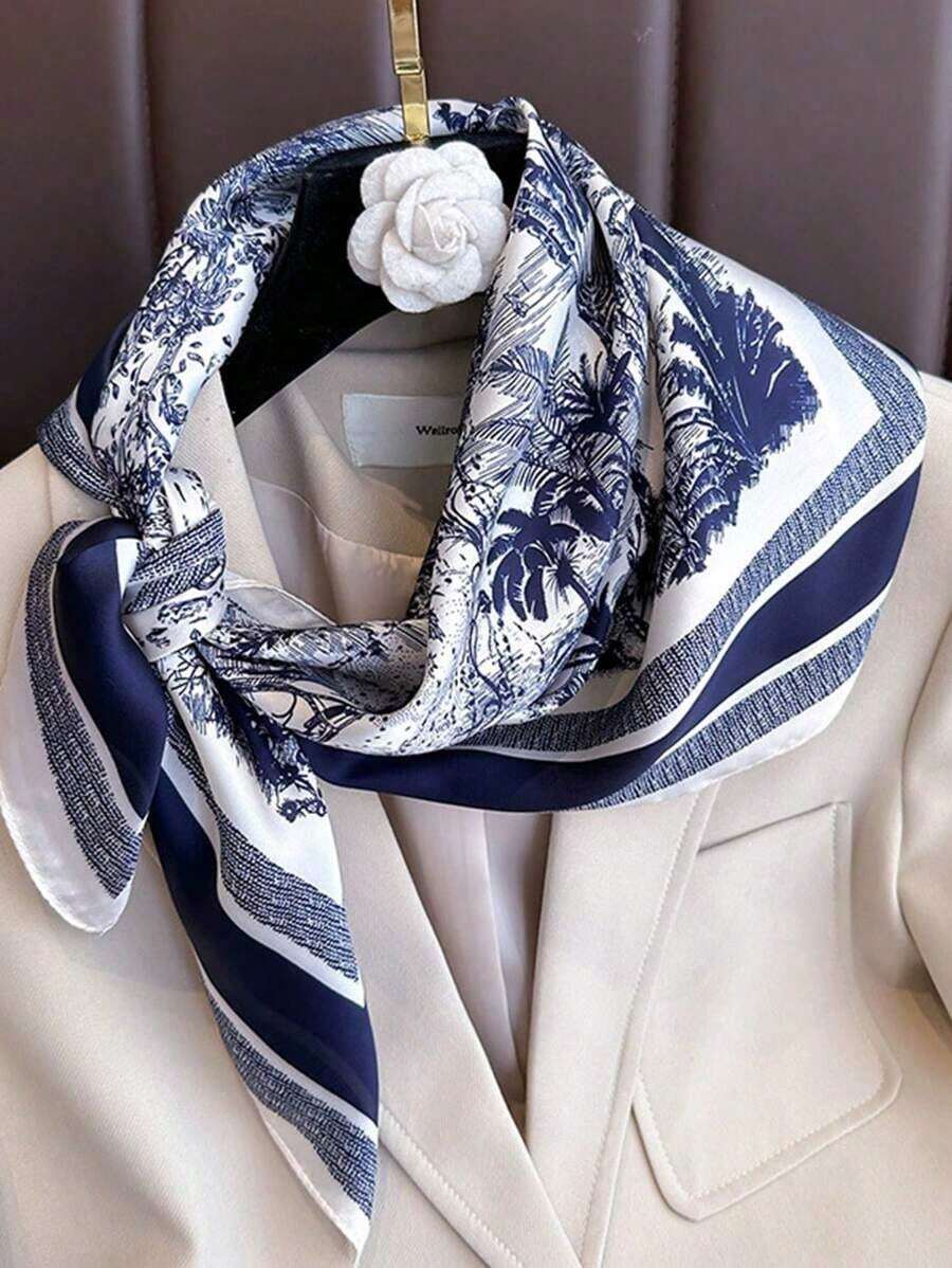 1pc Women's Imitated Mulberry Silk Square Scarf, 27.6" Versatile Silk-Like Hangzhou Silk Scarf, Elegant Neck Wrap, Hair Scarf, Headband, Lightweight Satin-Feel Accessory For Daily Wear, Travel, And Chic Gift Idea - Blue 2 - View 1