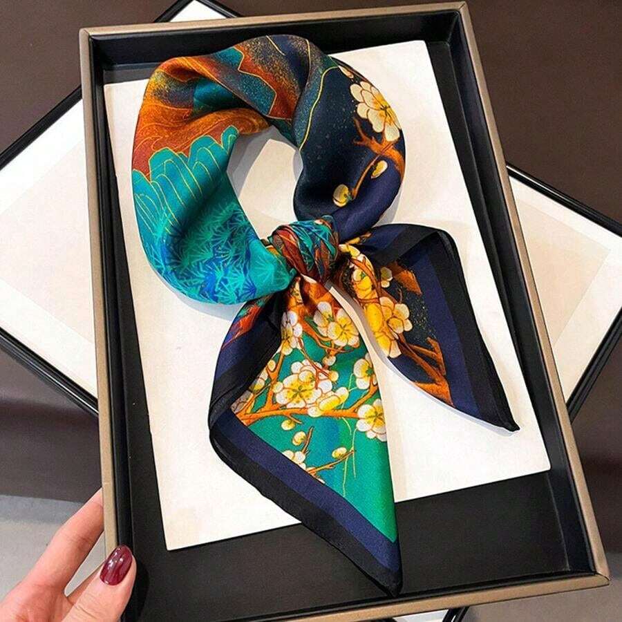 26.77in (68cm) Women's Fashionable Faux Silk Printed Square Scarf – Breathable Hairband, Neckerchief, Bag Handle Accessory, Versatile Bandana & Headband For Styling - 橘色 - 查看 1