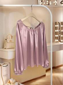 Plus Size Women Solid Color Crew Neck Backless Tie Casual Commuter Blouse, Suitable For Autumn/Winter Office Wear