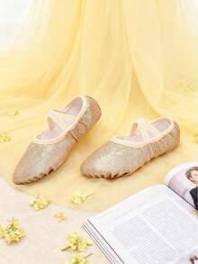 1双闪亮金色女童芭蕾舞鞋，柔软透气，系带帆布芭蕾舞鞋/瑜伽鞋/舞蹈鞋（儿童/大童） - 金色 - 查看 4