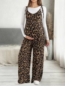Maternity Leopard Print Sleeveless Jumpsuit, Adjustable Straps, Polyester, Elegant & Comfortable Versatile, Suitable For Daily Wear, Home, And Layering Summer Vacation - Coffee Brown - View 6