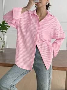 Look Polly Women's Valentine's Day Pink Striped Long Sleeve Shirt, Single-Breasted Casual Beach Fashion, Pocket Design, Suitable For Back To School Season, Retro Beach Style Women's Thanksgiving Shirt, Beach Fashion Women's Shirt - Pink - View 8