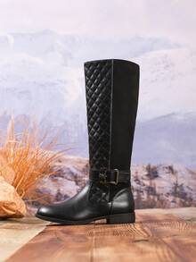 秋冬户外舒适防滑女式过膝靴，刺绣拼布金属装饰黑色靴子，休闲百搭侧拉链中筒女靴，厚底圆头高筒靴，西式侧拉链系带假日 - 黑色 - 查看 9