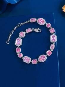 1pc Adjustable Size Sparkling Square & Round Pink Cubic Zirconia Chunky Luxury Chain Bracelet For Women, Daily, Party, Holiday Jewelry Gift