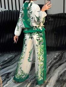 1 Set Bohemian Elegant Criss-Cross Allover Print 2 Pieces Outfit, Suitable For Office, Street Wear, Spring/Summer - Green - View 2