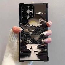 Mountain And Water Painting Four-Corner Airbag Electroplated Phone Case Suitable For Samsung GALAXY S25 ULTRA S24 Plus S23 Fe , Compatible With  17 AIR 16 Promax 15 Pro Max Case 14,  13 Cases Protective Black Cover For Both Men And Women Gift. - 黑色 - 查看 2