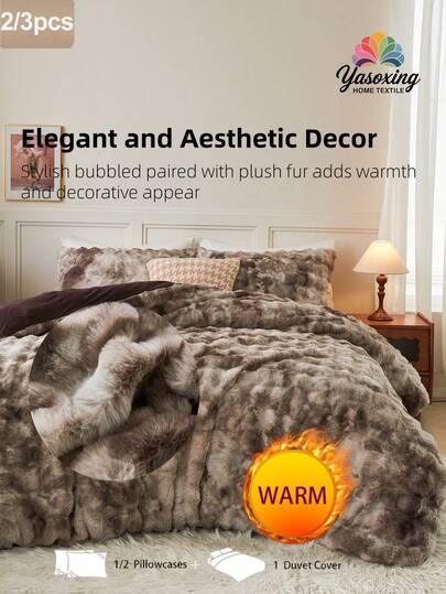 2/3pcs White Rabbit Fur Plush Shaggy Duvet Cover Set, Cozy Soft Warm Faux Fur And Skin-Friendly Duvet Cover Set, With Zippered Comforter Cover, Luxurious Solid Color Design For Bedroom And Guest Room, Easy Care And Maintenance, Hypoallergenic, And Durable, King Queen Full Twin Size Bed, 1 Duvet Cover And 1/2 Pillowcases