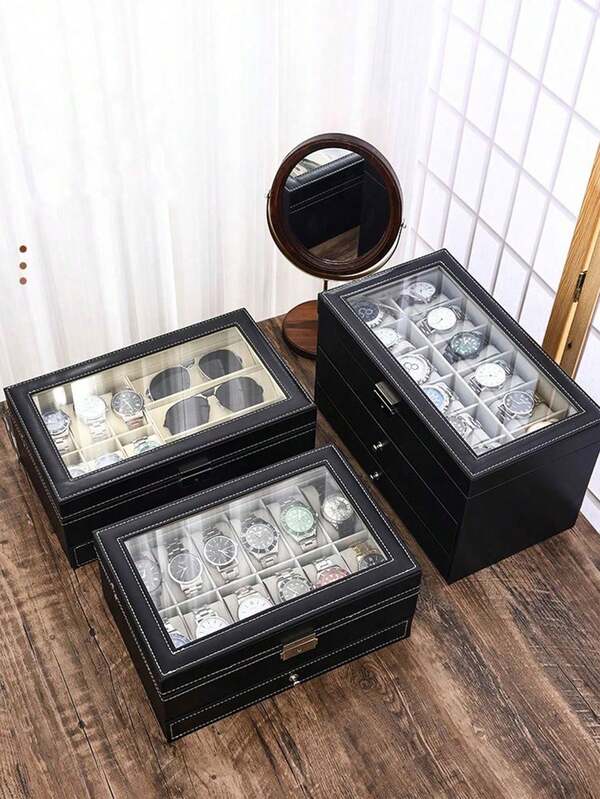 1 pieza Caja de reloj de cuero con candado - Disponible en opciones de 6 ranuras, 10 ranuras y 12 ranuras - Diseño de doble capa y triple capa para un almacenamiento máximo - Organizador multifuncional para relojes, joyas, pulseras, gemelos y gafas
